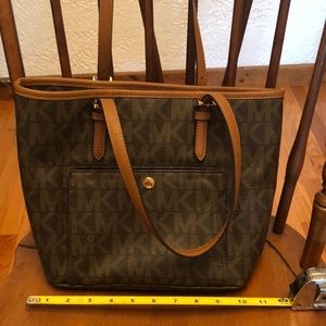 Michael Kors small tote bag dark brown w tan adjustable straps